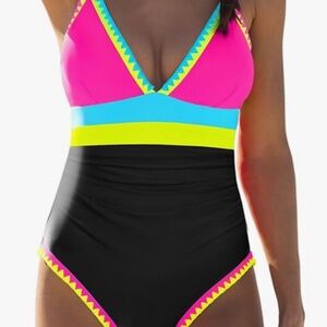 Popvil Black One Piece Swimsuit Women Color Block Plunge Shell Trim M NWT